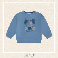 Front view of the Minymo Baby Boy Blue Sweatshirt featuring a playful dog with a bone graphic and a comfortable ribbed crew neckline