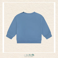 Back view of the blue baby sweatshirt showcasing the clean, high-quality knit construction and the soft, flexible fit through the shoulders