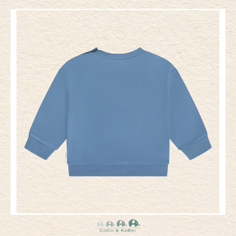 Back view of the blue baby sweatshirt showcasing the clean, high-quality knit construction and the soft, flexible fit through the shoulders