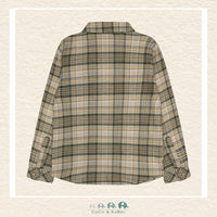 Back view of the Minymo Boys Checkered Shirt showing the clean horizontal yoke and consistent Feather Gray plaid pattern across the soft woven cotton fabric