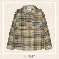 Front view of the Minymo Boys Button-Up Checkered Shirt in Feather Gray and white plaid featuring a structured collar, full button placket, and a classic tailored fit
