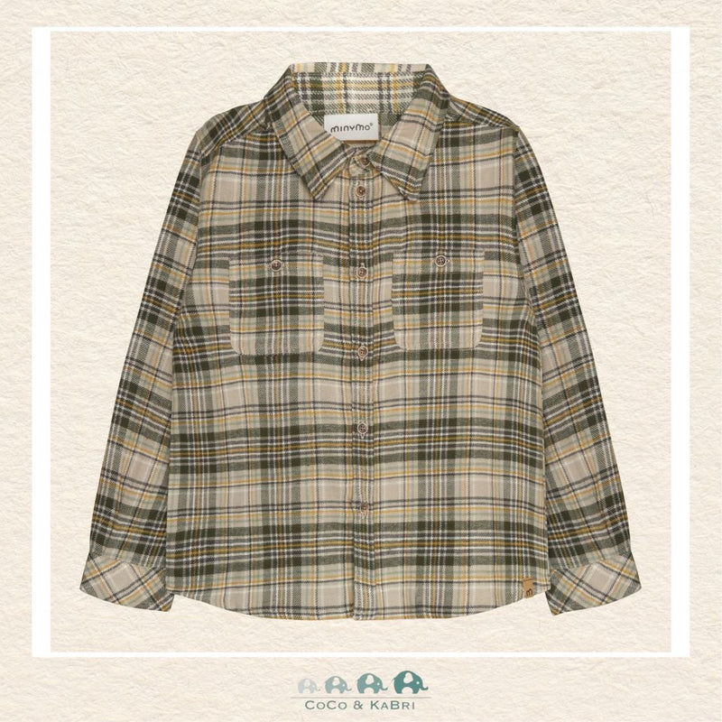 Front view of the Minymo Boys Button-Up Checkered Shirt in Feather Gray and white plaid featuring a structured collar, full button placket, and a classic tailored fit