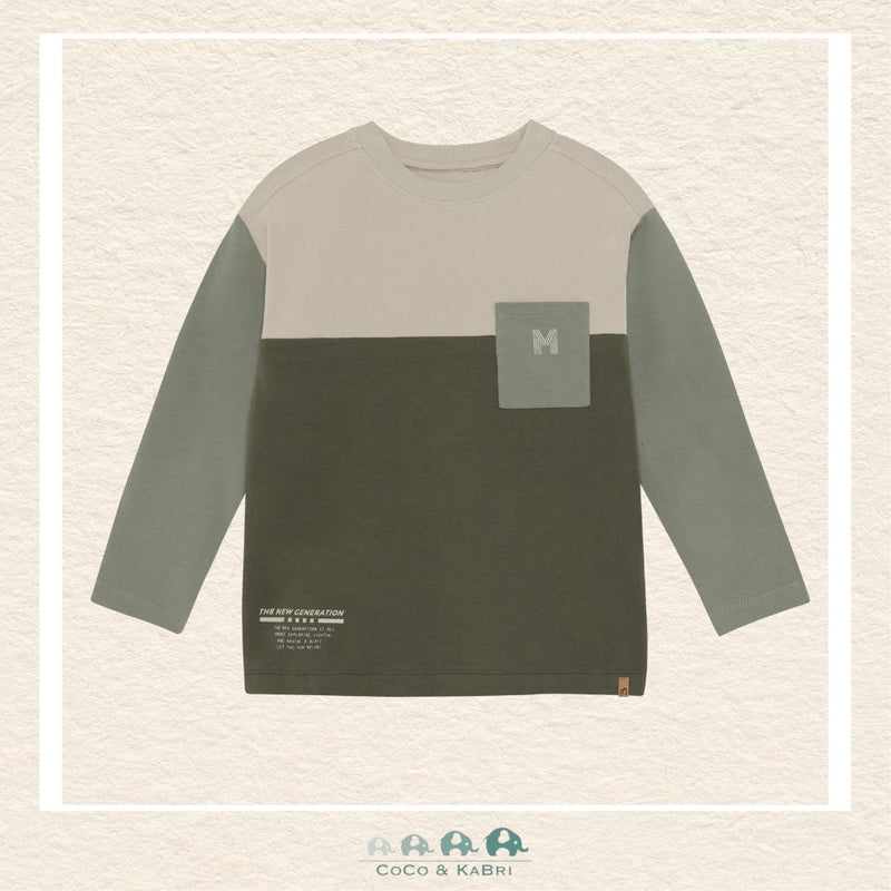 Front view of the Minymo Boys Long Sleeve Green Shirt featuring a clean crew neck design and a soft, premium cotton-stretch knit fabric