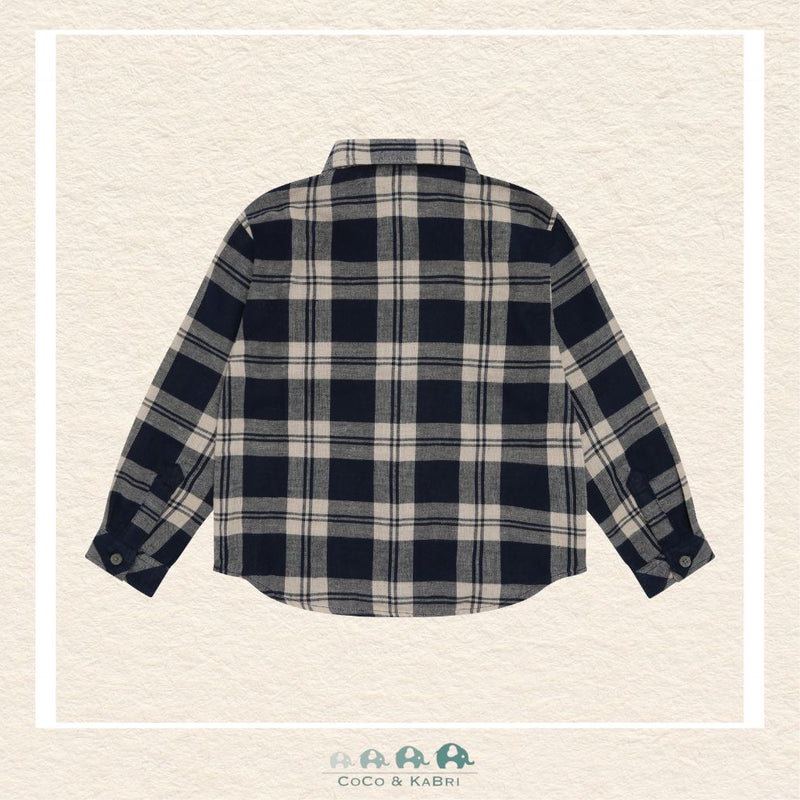 Back view of the Minymo Boys Checkered Shirt showing the seamless navy plaid pattern and a comfortable, relaxed fit across the back and shoulders