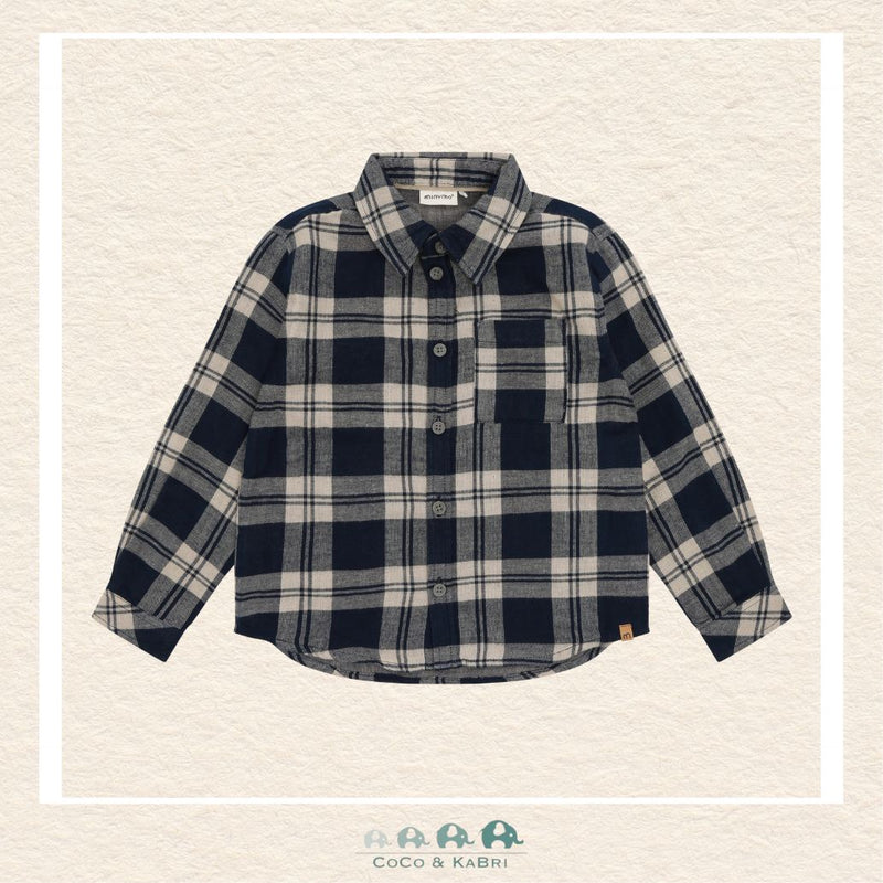 Front view of the Minymo Boys Long Sleeve Shirt in Dark Sapphire featuring a classic navy and white checkered pattern and a soft 100% cotton knit texture