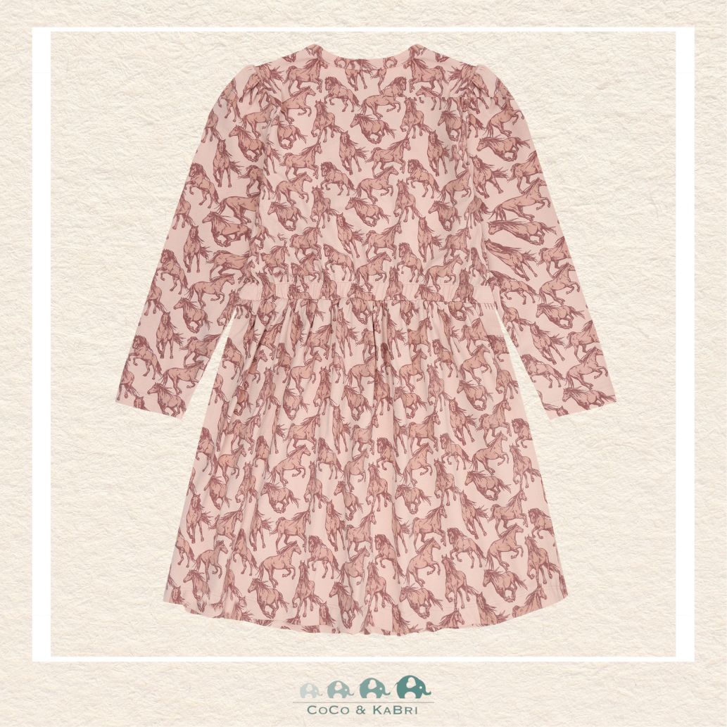 Front view of the Minymo Girls Dress featuring a charming all-over horse pattern and a comfortable long-sleeve silhouette in a soft cotton-elastane knit