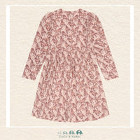 Front view of the Minymo Girls Dress featuring a charming all-over horse pattern and a comfortable long-sleeve silhouette in a soft cotton-elastane knit