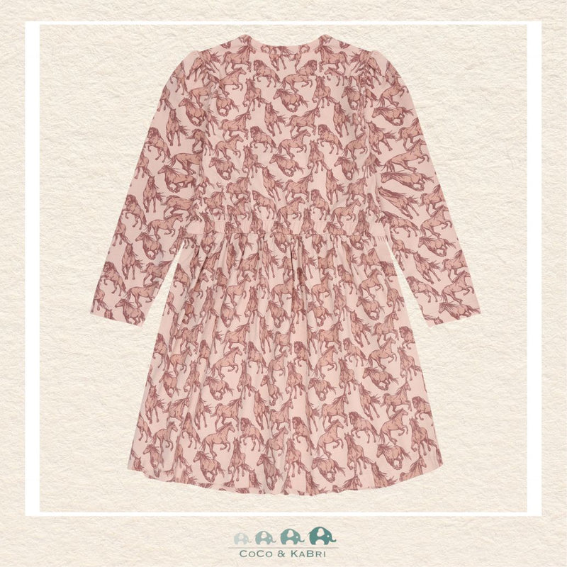 Front view of the Minymo Girls Dress featuring a charming all-over horse pattern and a comfortable long-sleeve silhouette in a soft cotton-elastane knit