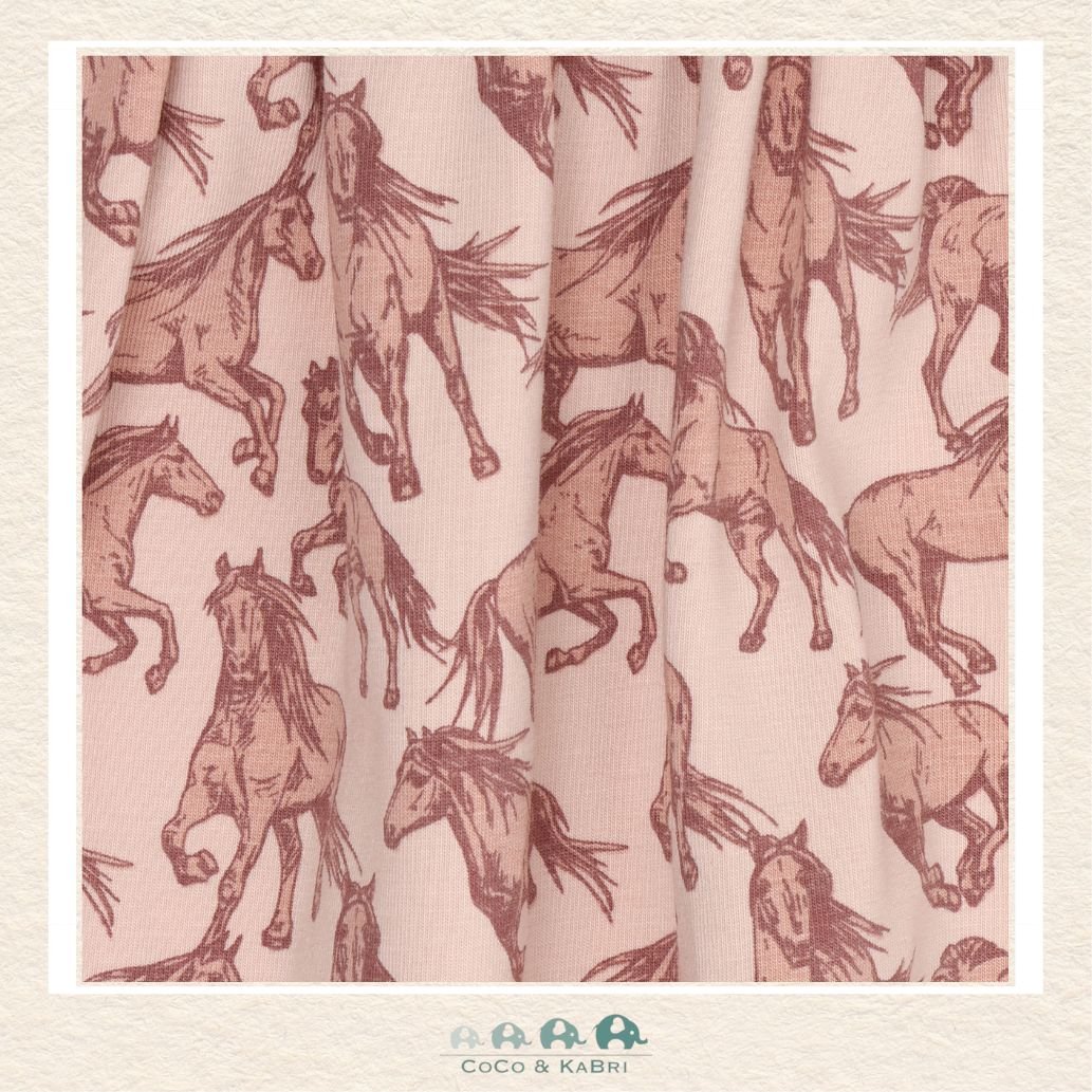 Close-up detail of the Minymo Horse Pattern dress highlighting the high-quality 95% cotton and 5% elastane knit texture and the whimsical equine graphic print
