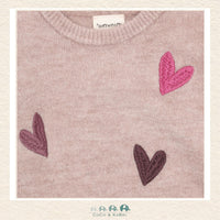 Close-up detail of the Minymo Heart Sweater highlighting the buttery-soft performance knit texture and the delicate woven heart pattern in the Fawn fabric
