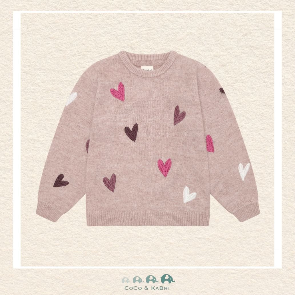 Front view of the Minymo Girls Heart Sweater in Fawn featuring a cozy knit texture, a soft crew neckline, and a charming integrated heart motif