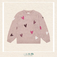 Front view of the Minymo Girls Heart Sweater in Fawn featuring a cozy knit texture, a soft crew neckline, and a charming integrated heart motif