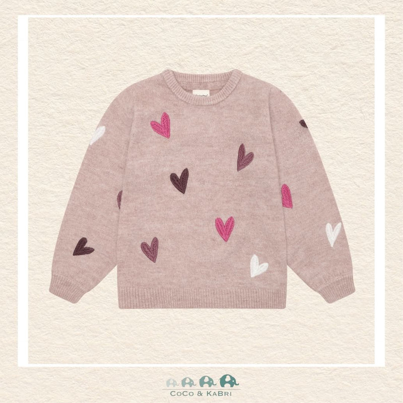 Front view of the Minymo Girls Heart Sweater in Fawn featuring a cozy knit texture, a soft crew neckline, and a charming integrated heart motif