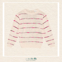 Front view of the Minymo Girls Pink Striped Sweater featuring a classic horizontal stripe pattern and a comfortable rib-knit crew neckline