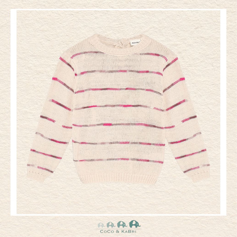 Front view of the Minymo Girls Pink Striped Sweater featuring a classic horizontal stripe pattern and a comfortable rib-knit crew neckline
