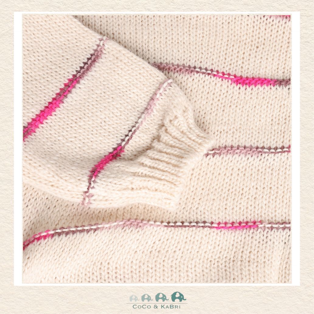 Close-up detail of the Minymo sweater highlighting the soft-touch knit texture and the vibrant contrast between the soft pink and crisp white stripes