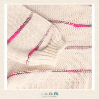 Close-up detail of the Minymo sweater highlighting the soft-touch knit texture and the vibrant contrast between the soft pink and crisp white stripes