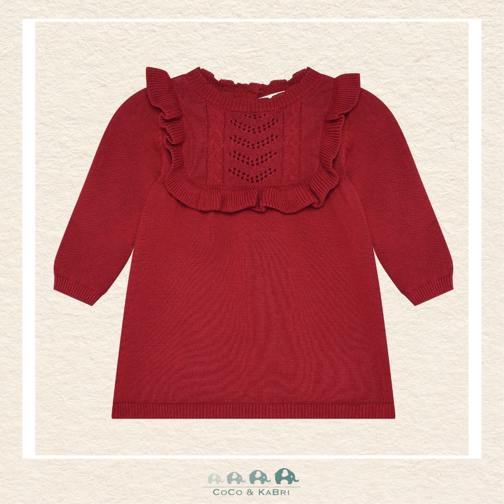 Front view of the Minymo Girls Red Knit Dress showcasing the vibrant festive red color and the classic sweater dress silhouette