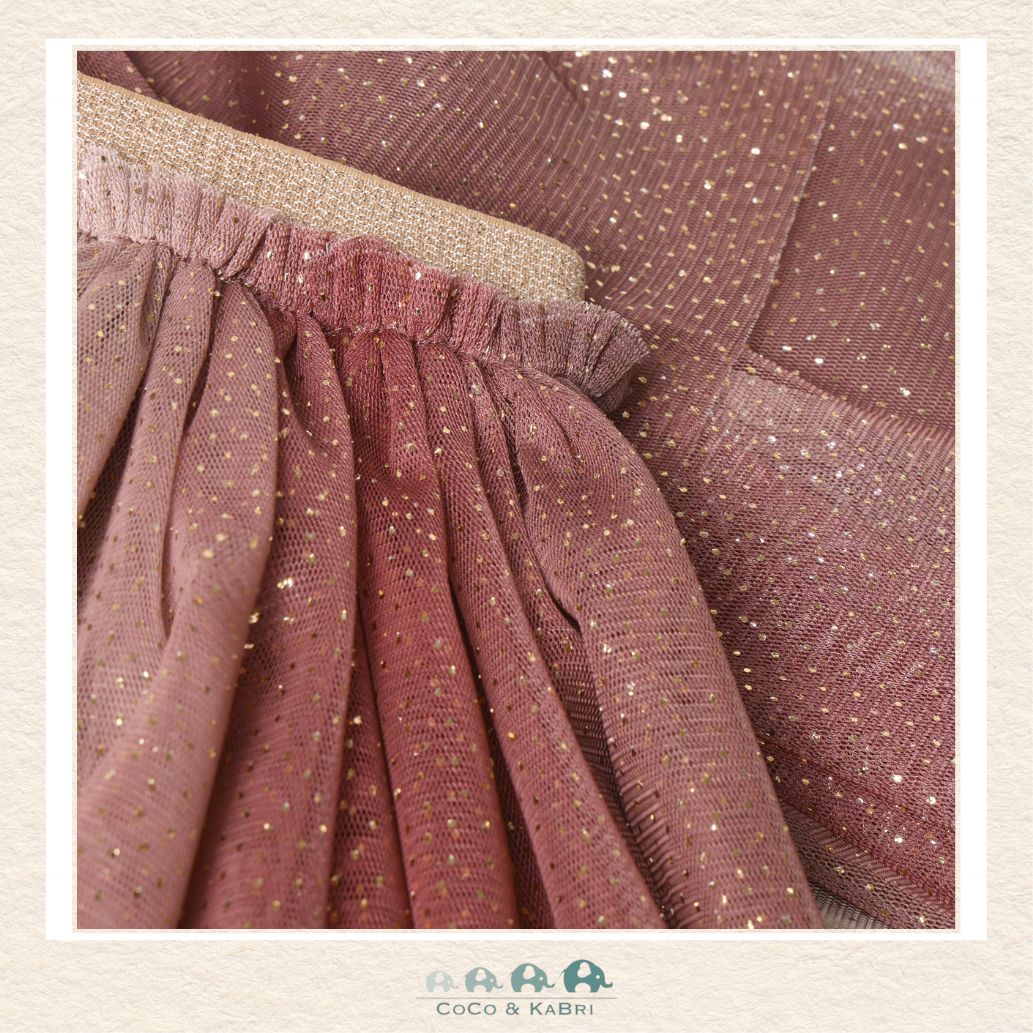 Close-up detail of the Minymo Glitter Mesh Skirt highlighting the delicate huckleberry-toned tulle layers and the high-quality shimmering glitter accents