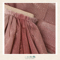 Close-up detail of the Minymo Glitter Mesh Skirt highlighting the delicate huckleberry-toned tulle layers and the high-quality shimmering glitter accents