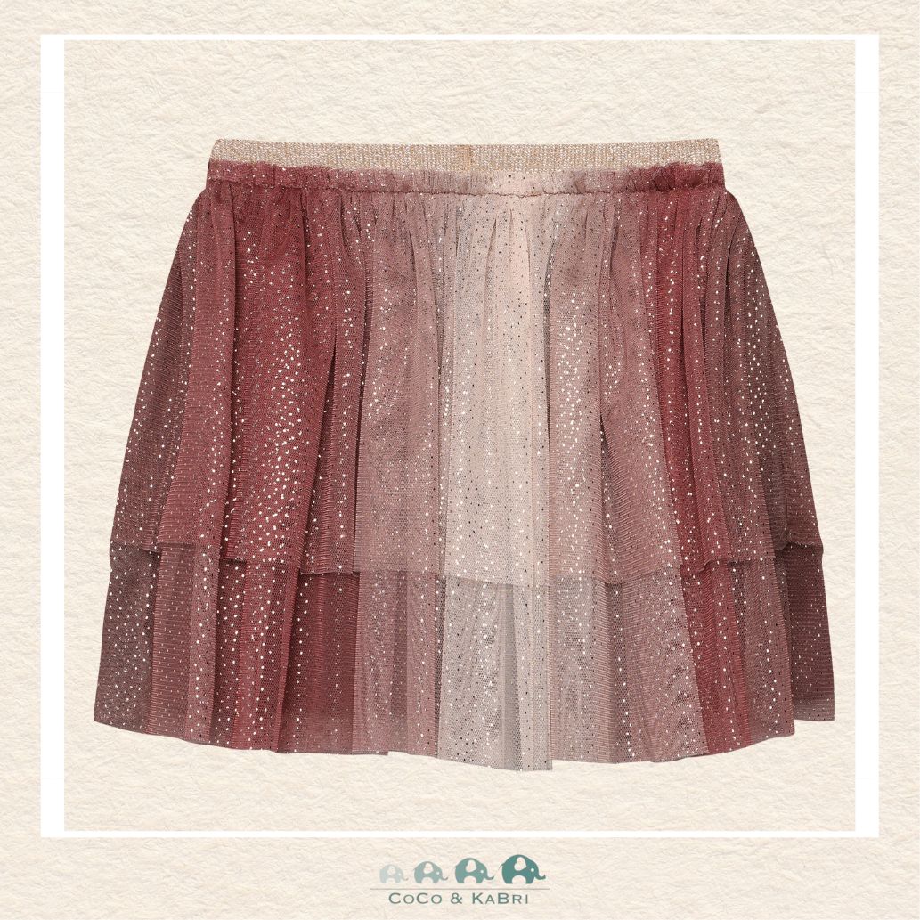 Back view of the Minymo Huckleberry Mesh Skirt showing the full, airy silhouette and the consistent sparkle of the glitter-infused woven polyester fabric