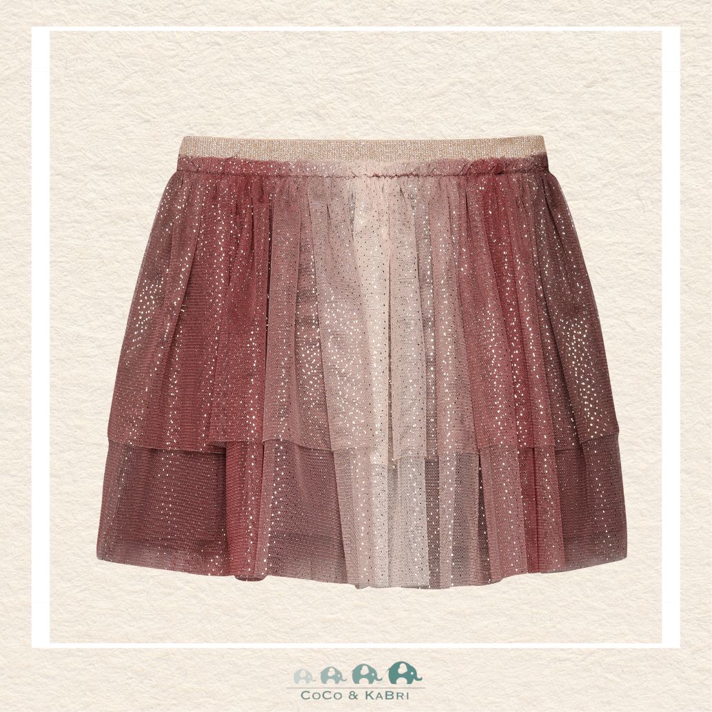 Front view of the Minymo Girls Mesh Skirt in Huckleberry purple featuring a shimmering glitter finish, layered tulle design, and a comfortable elastic waistband