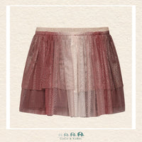 Front view of the Minymo Girls Mesh Skirt in Huckleberry purple featuring a shimmering glitter finish, layered tulle design, and a comfortable elastic waistband
