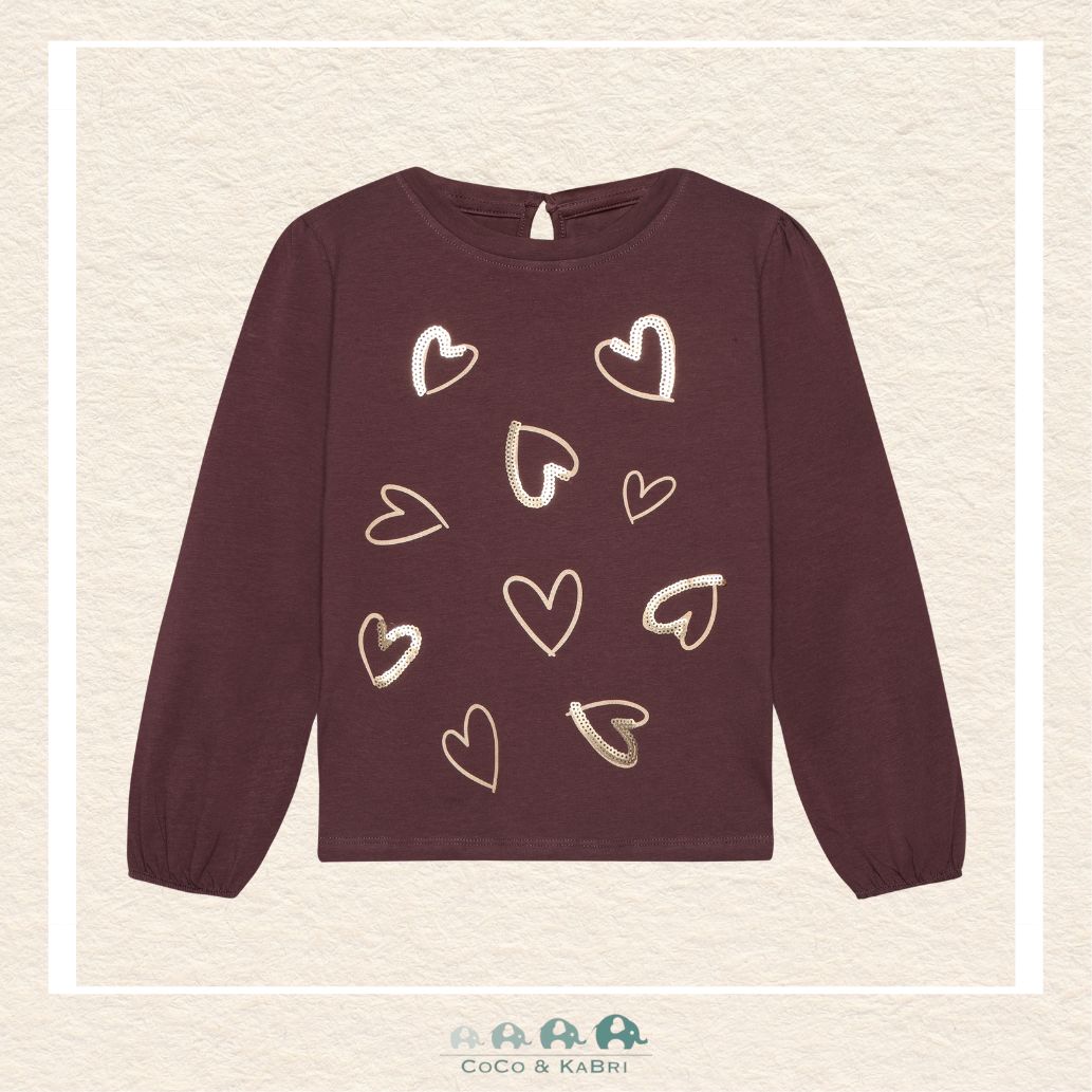 Front view of the Minymo Girls Long Sleeve Heart T-Shirt in a soft premium knit featuring a centered Scandinavian-inspired heart graphic and a classic crew neckline
