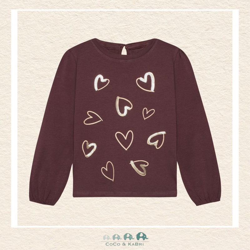 Front view of the Minymo Girls Long Sleeve Heart T-Shirt in a soft premium knit featuring a centered Scandinavian-inspired heart graphic and a classic crew neckline