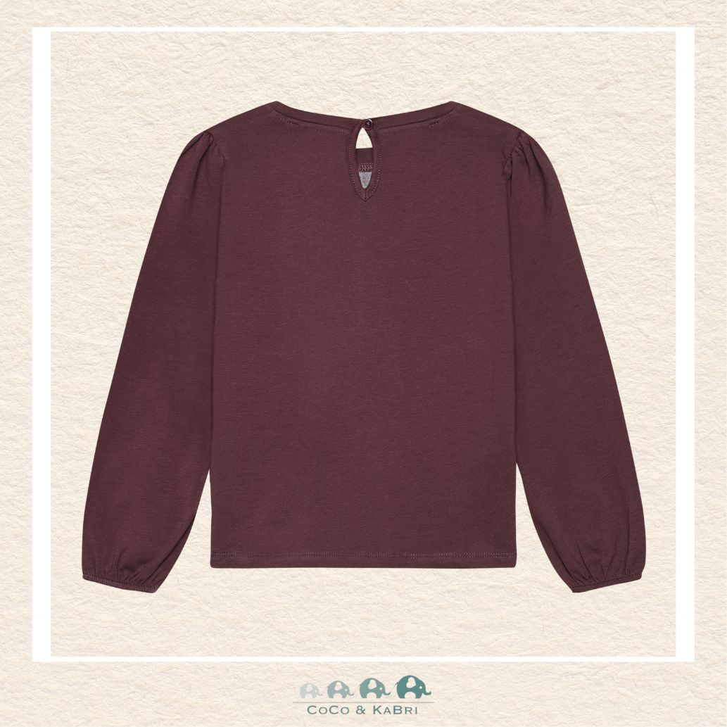 Back view of the Minymo Girls Long Sleeve Heart Shirt showing the clean, seamless construction and the flexible 95% cotton and 5% elastane-knit fabric