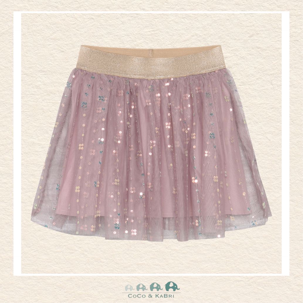 Front view of the Minymo Pink Mesh Skirt featuring airy, voluminous layers of soft woven mesh and a shimmering elastic waistband