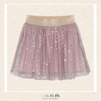 Front view of the Minymo Pink Mesh Skirt featuring airy, voluminous layers of soft woven mesh and a shimmering elastic waistband