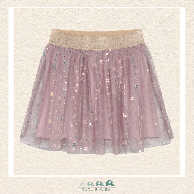 Front view of the Minymo Pink Mesh Skirt featuring airy, voluminous layers of soft woven mesh and a shimmering elastic waistband