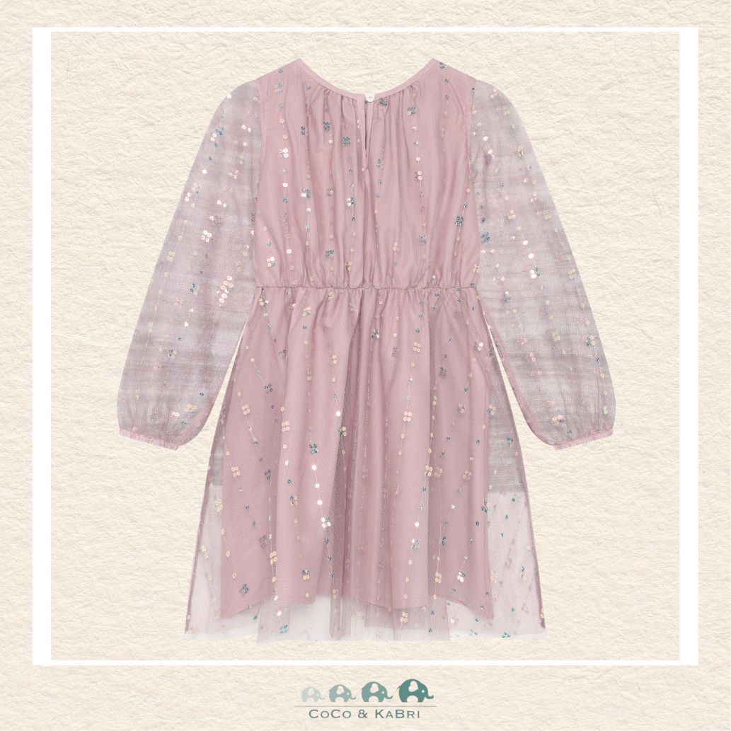 Back view of the pink sequin dress showcasing the elegant silhouette and the comfortable, secure closure designed for special occasions