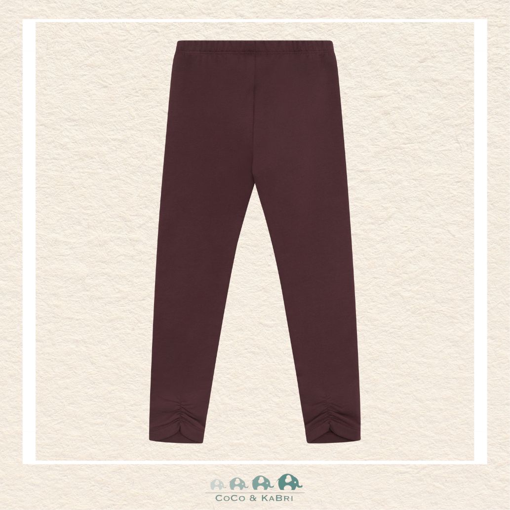 Front view of the Minymo Girls Sweat Leggings in Huckleberry featuring a deep purple-berry tone and a comfortable elasticized waistband
