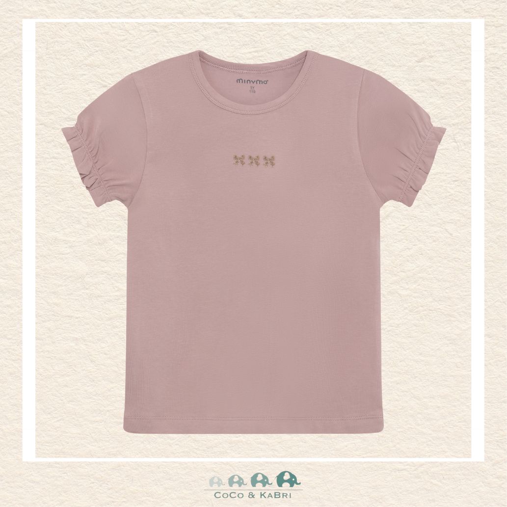 Front view of the Minymo Girls T-Shirt in Fawn featuring a soft tan earth-tone color and a charming three-bow graphic across the chest