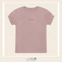 Front view of the Minymo Girls T-Shirt in Fawn featuring a soft tan earth-tone color and a charming three-bow graphic across the chest