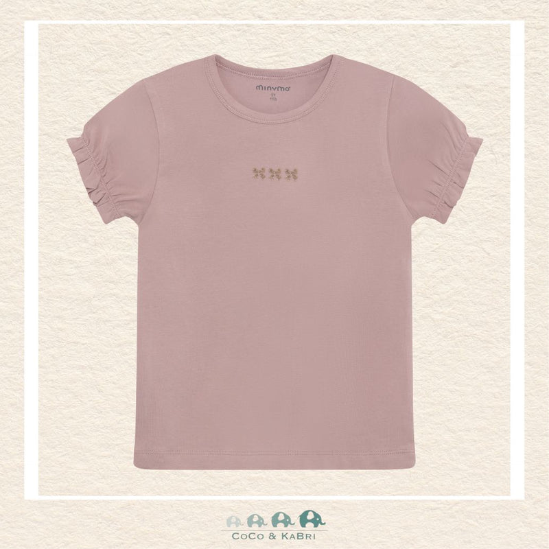 Front view of the Minymo Girls T-Shirt in Fawn featuring a soft tan earth-tone color and a charming three-bow graphic across the chest
