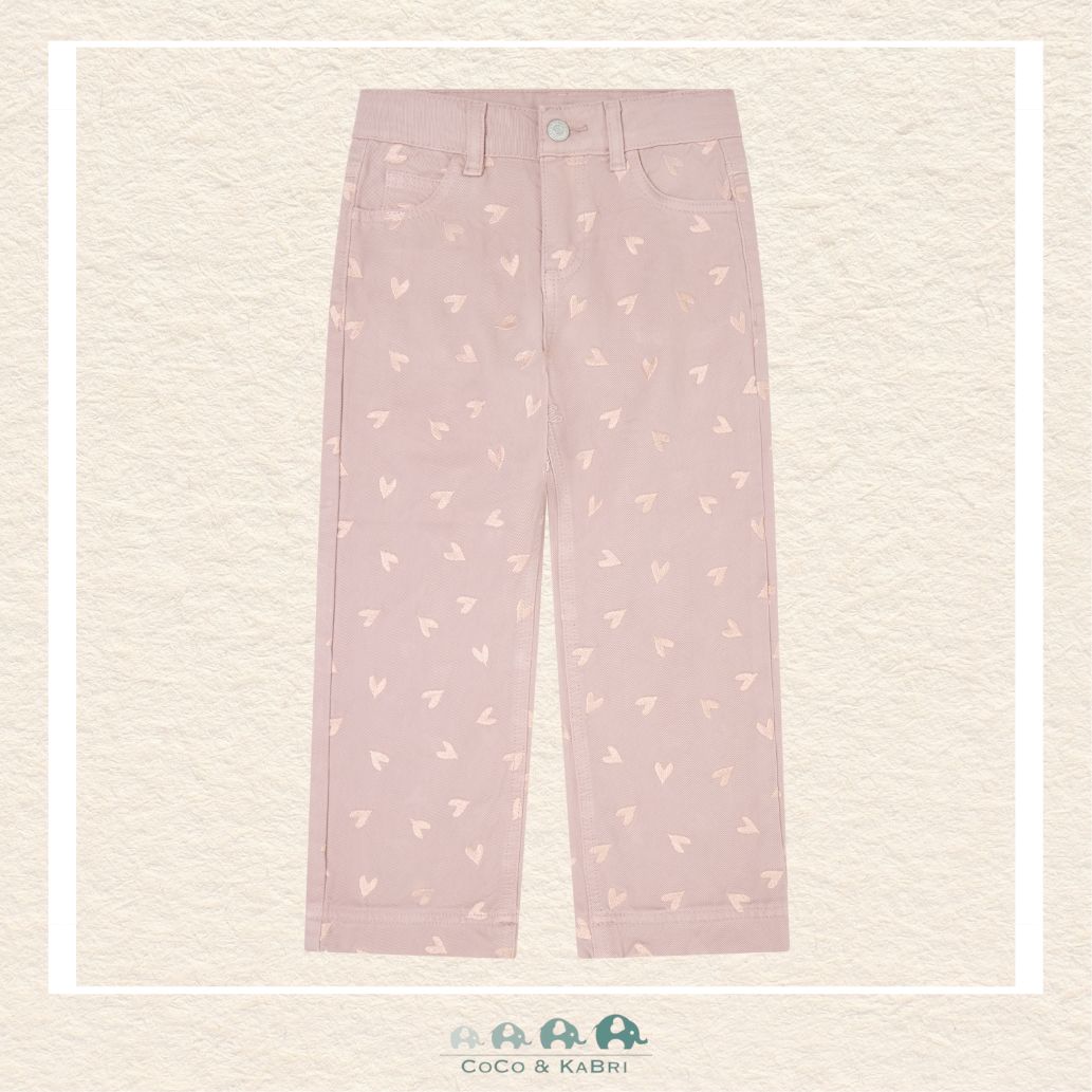 Front view of the Minymo Girls Twill Heart Pants in Fawn featuring a structured straight-leg fit and charming all-over embroidered heart details