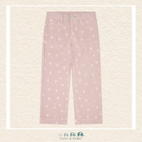 Front view of the Minymo Girls Twill Heart Pants in Fawn featuring a structured straight-leg fit and charming all-over embroidered heart details