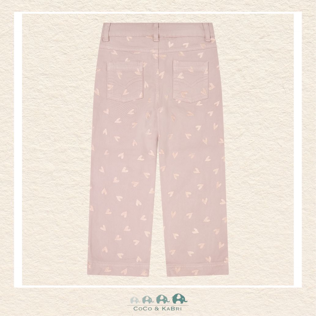 Back view of the Minymo Fawn Twill Pants showing the clean, tailored silhouette and the consistent heart embroidery across the durable 100% cotton woven fabric