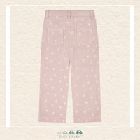 Back view of the Minymo Fawn Twill Pants showing the clean, tailored silhouette and the consistent heart embroidery across the durable 100% cotton woven fabric