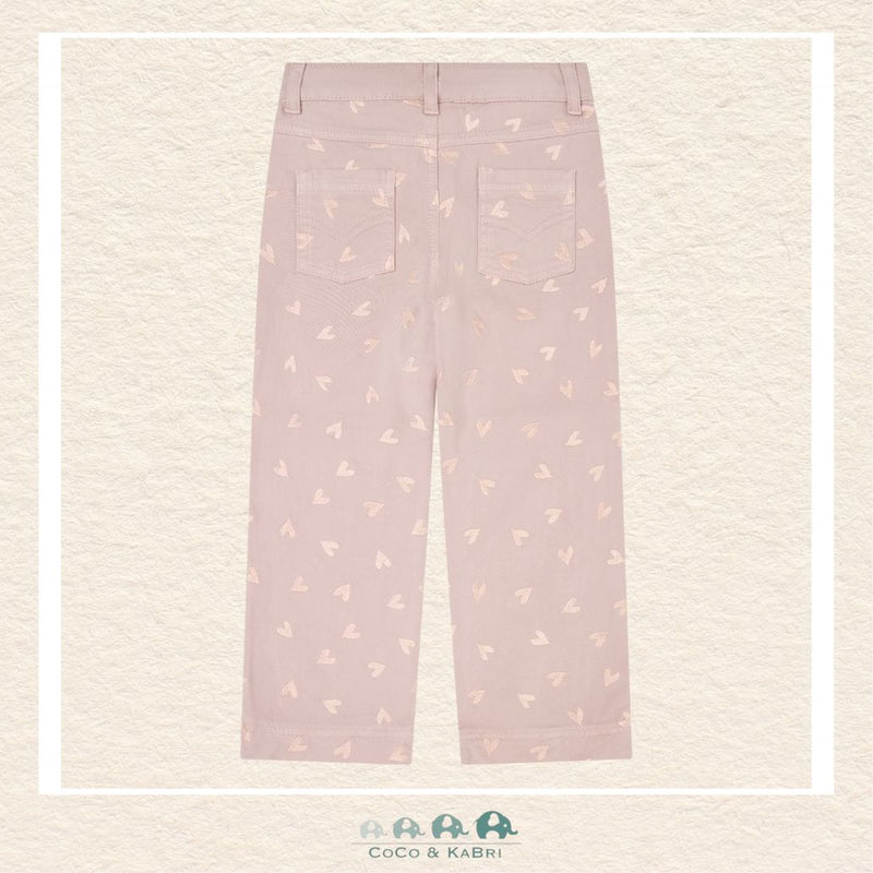 Back view of the Minymo Fawn Twill Pants showing the clean, tailored silhouette and the consistent heart embroidery across the durable 100% cotton woven fabric