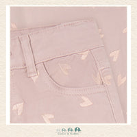Close-up detail of the Minymo Heart Pants highlighting the high-quality woven twill texture and the delicate, precise embroidery of the repeating heart pattern