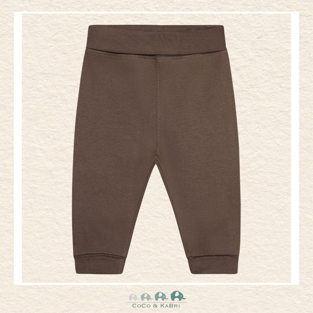 Front view of the Minymo Unisex Baby Sweatpants in Chocolate Chip brown featuring a clean, minimalist design and a soft elasticized waistband for a comfortable fit