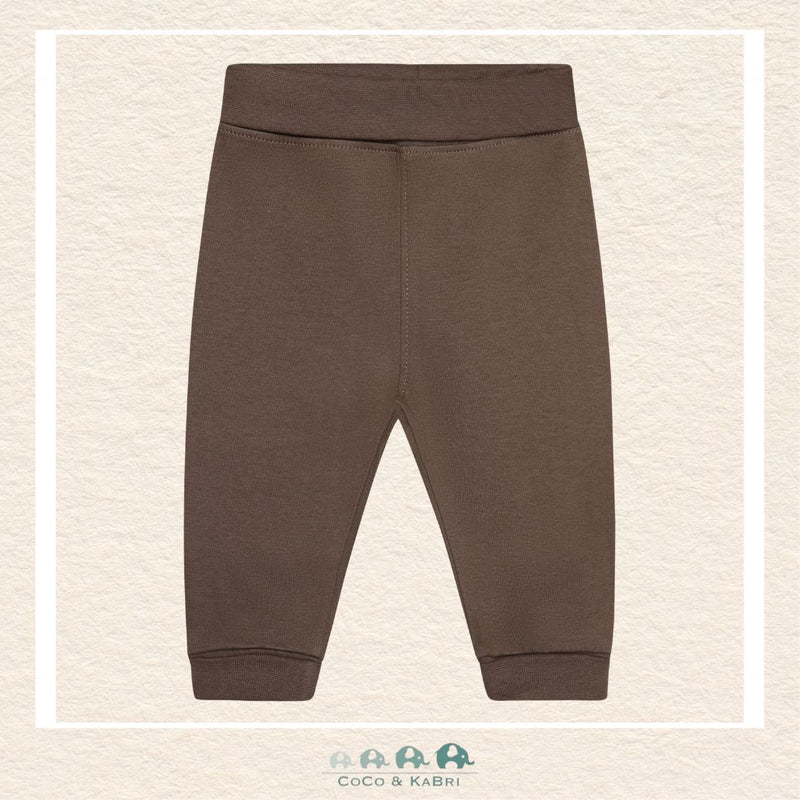 Front view of the Minymo Unisex Baby Sweatpants in Chocolate Chip brown featuring a clean, minimalist design and a soft elasticized waistband for a comfortable fit