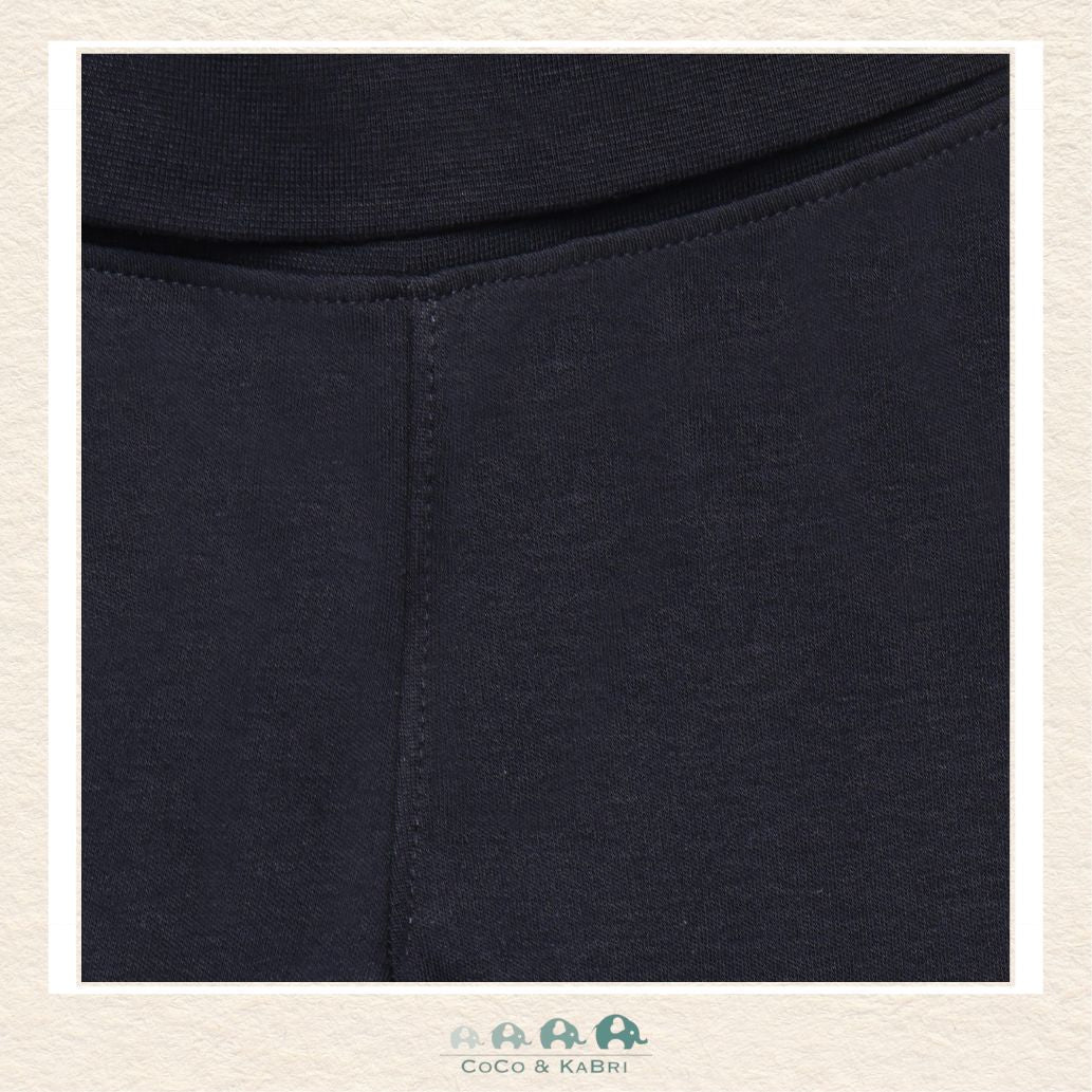 Close-up detail of the Minymo Sweatpants highlighting the rich navy color and the soft, breathable texture of the premium 100% cotton-knit fabric