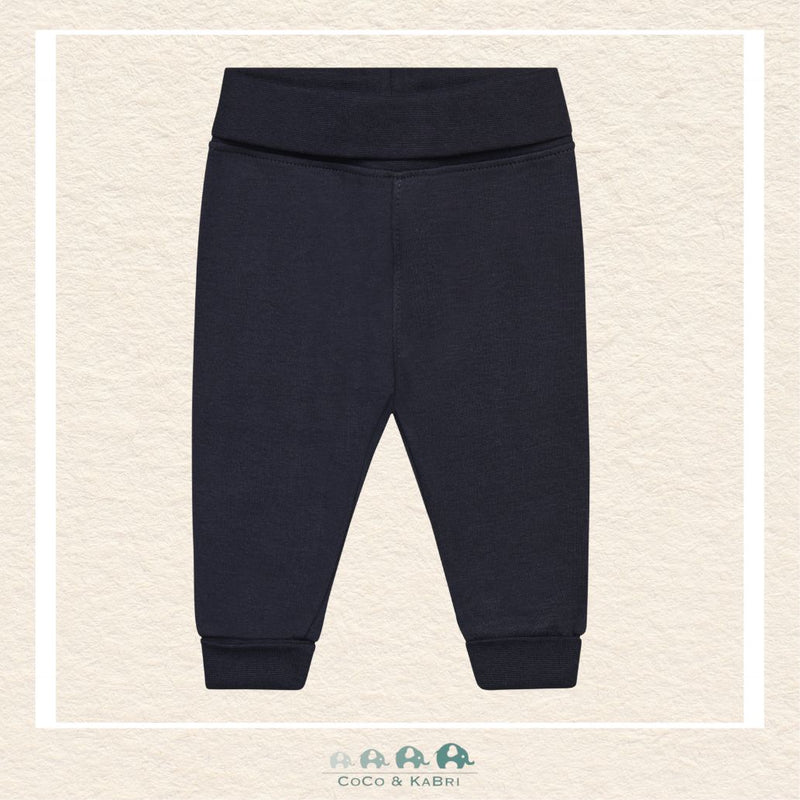 Front view of the Minymo Unisex Baby Sweatpants in Dark Sapphire navy featuring a clean minimalist silhouette and a comfortable soft-elastic waistband
