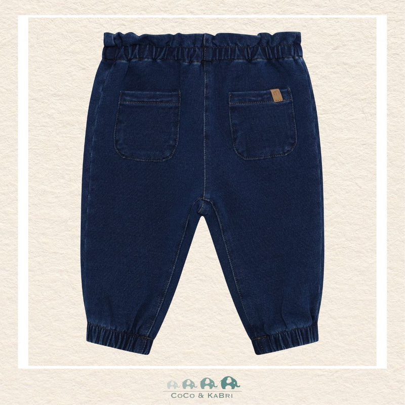 Back view of the Minymo Dark Sapphire Sweat Denim showing the clean, streamlined silhouette and the durable knit construction tailored for infants and toddlers