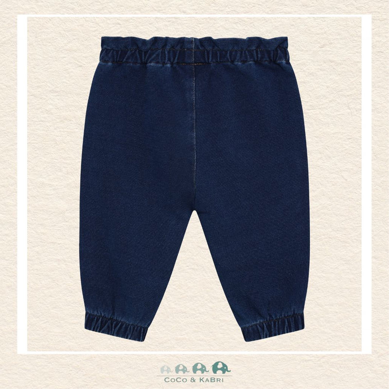 Front view of the Minymo Unisex Baby Sweat Denim in Dark Sapphire featuring a classic navy wash, soft elasticized waistband, and a flexible cotton-stretch fit